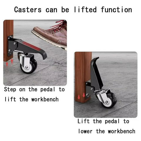 Heavy Duty Retractable Caster Swivels With Foot Release Brake 2.5 Inch Polyurethane Wheels, user lifting function for workbench.
