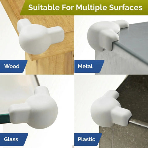 Tot Approved Silicone Corner Protectors For Baby Proofing Tables And Desks Using Heavy Duty Peel And Stick System To Cushion Hard Hits And Shield Rowdy Kids From Sharp Edges In Crisp White 12 on wood, metal, glass, and plastic surfaces.