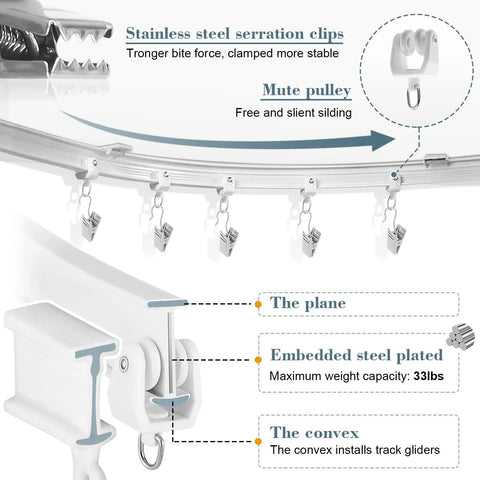 Flexible Bendable Curtain Track Ceiling And Wall Mount Kit Easy Install 12 Foot Sliding System For RV Bay Shower Curtain Rods White Durable Aluminum Includes Mounting Brackets And Hardware curved ceiling track with clips and pulley