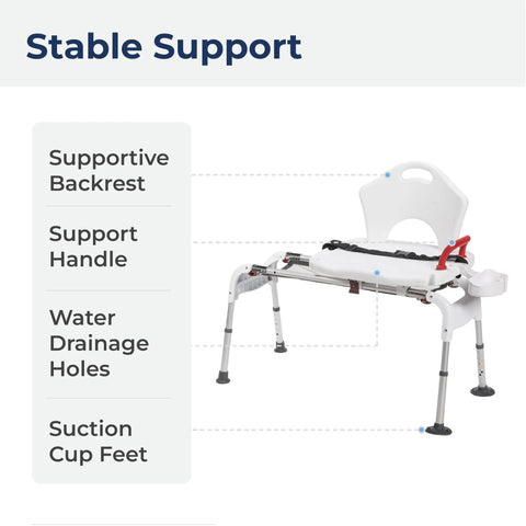 Adjustable Height Sliding Bathtub Transfer Bench With Armrests And Seat Belt For Easy In And Out, 300 Pound Capacity, White RTL12075