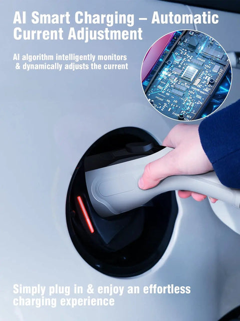 Portable Level 1 And 2 EV Charger With AI Smart Charging, Plug And Play, user inserting plug into EV socket, circuit board detail