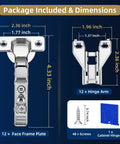 12 Pack Half Inch Overlay Soft Close Cabinet Hinges With Smooth As Butter Glide And No Sweat Clip On Swap Out, showing dimensions and included items.