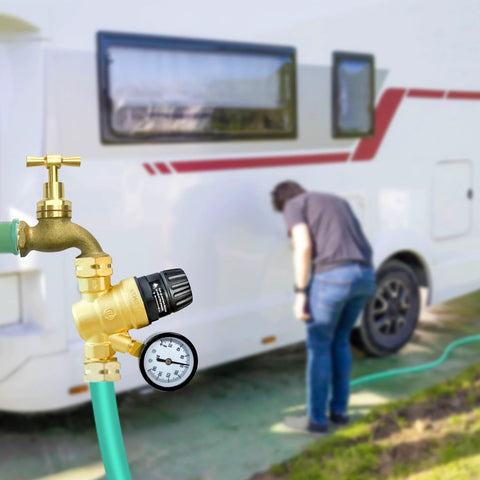 Front view: brass RV water pressure regulator with 0–160 PSI gauge, filter, and hose