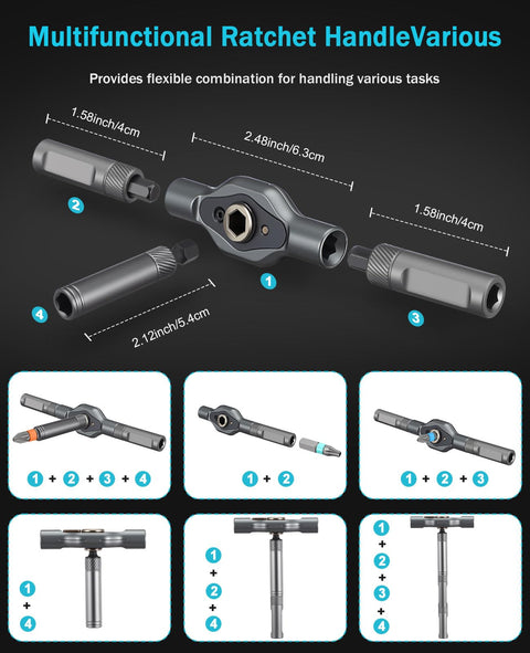 24 In 1 Magnetic Ratchet Screwdriver Set With Detachable T Handle showcasing various configurations with size measurements.