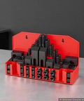 Bulletproof 58 Piece 5/8 Inch T Slot Clamping Kit With 1/2 By 13 Threads For Milling Machine And Drill Press Tables displayed in a red organizer.