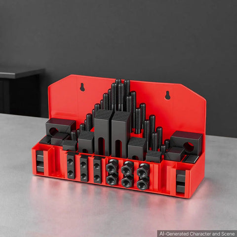 Bulletproof 58 Piece 5/8 Inch T Slot Clamping Kit With 1/2 By 13 Threads For Milling Machine And Drill Press Tables displayed in a red organizer.