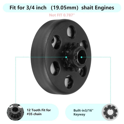 Three Quarter Inch Bore 12 Tooth Centrifugal Clutch With 4 Ft 35 Chain For Predator 212 Go Kart Engines, side view.