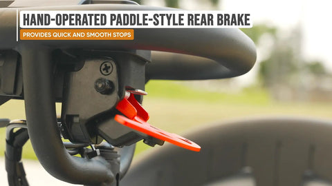 Hand-operated paddle-style rear brake on Ground Force Rad Rod Pocket Go Kart For Kids Six And Up With Ten MPH Top Speed.