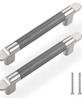 Knurled Cabinet Pulls Three And Three Quarters Inch Center To Center Five Pack In Grey And Brushed Nickel, shown with included screws