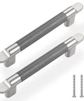 Two pewter grey drawer pulls with diamond knurl pattern, part of Ten Pack Six And A Quarter Inch Center To Center Drawer Pulls With Knurling Diamond Pattern For Cabinets Pewter Grey Or Brushed Nickel Kitchen Bathroom Handles Commercial Grade Aluminum And Zinc Alloy, shown with screws.