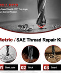 Close-up of Pro Grade 15 Pcs M14x1.5 Thread Repair Inserts Kit with spiral drill for steel, brick, and board surfaces.