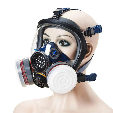 All Day Comfort Anti Dust Full Face Cover With Organic Vapor Protection For Paint Polishing Mold Construction And Welding Cleaning Anti Fog Lens Shield Wide View And Leak Free Seal worn on mannequin head