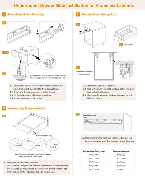 Installation guide for Heavy Duty Undermount Drawer Slides 21 Inch Full Extension Soft Close Kitchen Drawer Glides with specifications.
