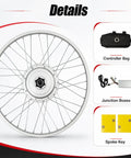 Upgrade Your Ride With 750W 24 Inch Front Wheel E Bike Hub Motor Conversion Kit Featuring 390 RPM Handbrake And Thumb Throttle Perfect For 24 Inch Bicycles DIY Electric Bicycle Build showing motor wheel, controller bag, junction boxes, and spoke key.