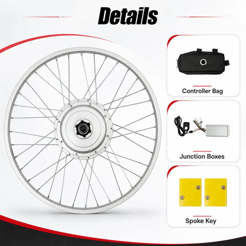 Upgrade Your Ride With 750W 24 Inch Front Wheel E Bike Hub Motor Conversion Kit Featuring 390 RPM Handbrake And Thumb Throttle Perfect For 24 Inch Bicycles DIY Electric Bicycle Build showing motor wheel, controller bag, junction boxes, and spoke key.