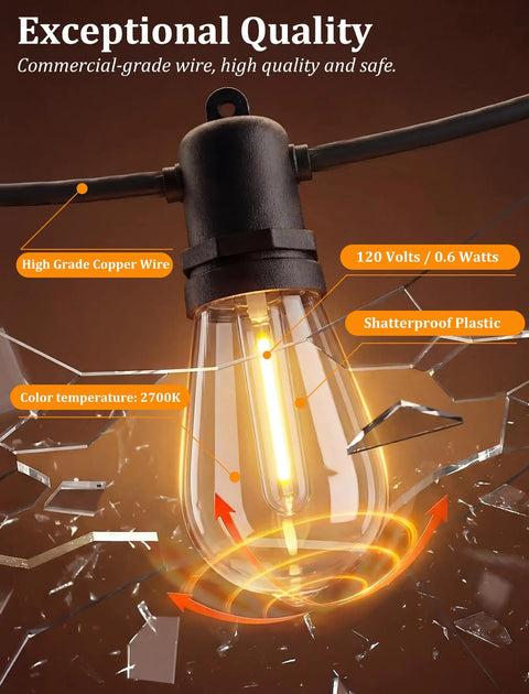 Close-up of a 30Ft S14 Patio String Light bulb with 11 Clear LED Bulbs Plus 1 Spare, demonstrating commercial grade quality.