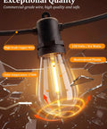 Close-up of S14 Outdoor String Lights 100Ft Waterproof Patio Lights With 35 Shatterproof LEDs attached to black wire