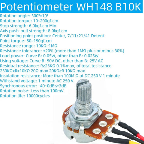 Three Pack 10K Ohm Linear Potentiometer Kit With WH148 3 Pin Variable Resistor, XH2.54 Connector Wires, 200Mm Lead, Knob Caps