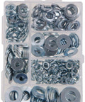 Flat And Lock Washer Set 270 Piece Zinc Plated Assortment In Reusable Plastic Organizer For Nuts And Bolts Perfect For Small Sizes And Home Garage Or Workshop Projects Includes A Handy Reusable Container For Easy Storage And Quick Access.