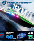Kids Rc Boat With 8 LED Light Modes, Waterproof All Around Design, shown at top speed with powerful carbon motor.
