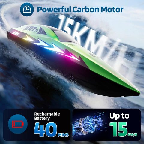 Kids Rc Boat With 8 LED Light Modes, Waterproof All Around Design, shown at top speed with powerful carbon motor.