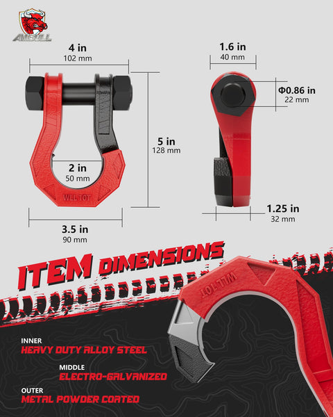 Diagram of Three Quarter Inch D Ring Shackles With Seven Eighth Inch Screw Pin Beefy Heavy Duty Off Road Tow Winch Shackles Built To Haul Big Loads 52910 Lbs Break Strength Zinc Plated Black Red Finish Easy Open For Tow Straps And Vehicle Recovery, showing dimensions and materials.