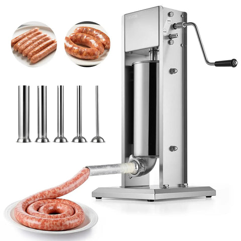 Manual Sausage Stuffer 11 Lbs Vertical Meat Filler With 5 Stuffing Tubes, Dual Speed Sausage Casing Filling Machine, Stainless Steel Heavy Duty Filler For Commercial And Home Use, Easy Hand Crank And Effortless Filling.