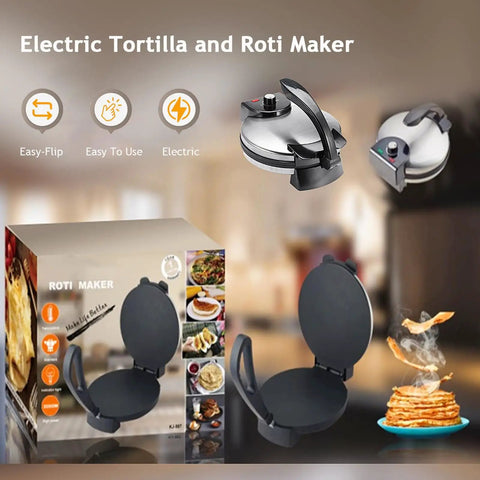 2000W Electric Tortilla Press Machine For Roti Maker And Chapati With Adjustable Temp Control with non-stick surface and lid.