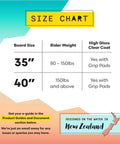 Claw Strike Skimboard 40 Inch Blue Dope Wave Rider size chart showing 35 and 40 inch options with grip pads designed in New Zealand.