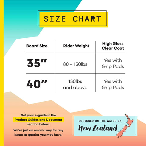 Claw Strike Skimboard 40 Inch Blue Dope Wave Rider size chart showing 35 and 40 inch options with grip pads designed in New Zealand.
