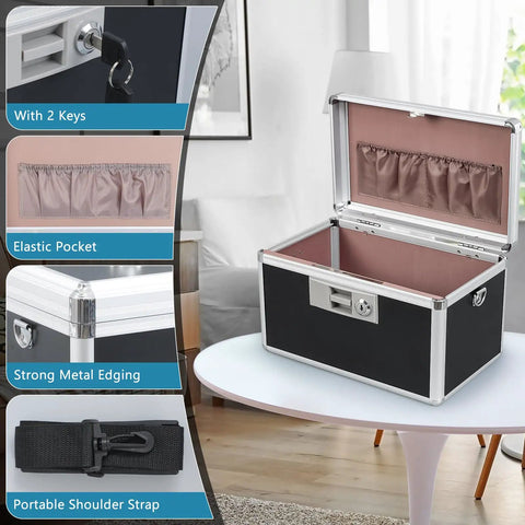 Lockable Medicine Storage Box With Key For Home And Outdoors On The Go, black aluminum box with compartments and strap