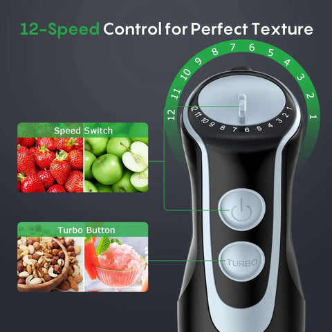 Pro Level 500W Immersion Hand Blender Kicked Up With 12 Variable Speed Settings Plus Turbo Boost Option And Reliable 4in 1 Kitchen Wand close-up of speed control dial and buttons.