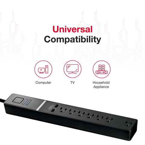 7 Outlet 2 USB Surge Protector Strip 2100 Joules With Surge Protection Multi Outlet Extension Cord For Travel And Home Use Black