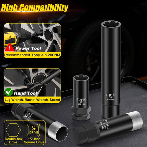 All In One 11 Piece Lug Nut Key Set With 5 6 7 10 12 Spline And Hex Sockets Universal Wheel Lock Remover Kit product display