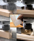 Heavy Duty 45 Degree Lock Miter Router Bit Set With Quarter Inch Shank And Auto Center Punch For Cabinet Building in action cutting wood.