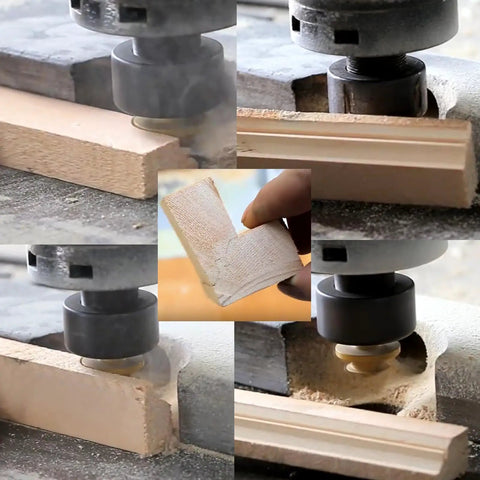 Heavy Duty 45 Degree Lock Miter Router Bit Set With Quarter Inch Shank And Auto Center Punch For Cabinet Building in action cutting wood.