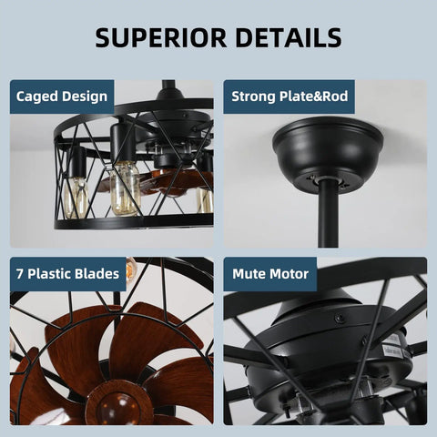 Caged Ceiling Fan With Lights Remote Control Farmhouse Low Profile Pendant Fandelier industrial design details