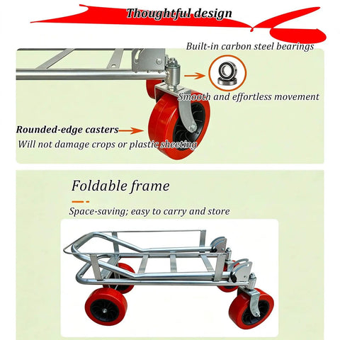 Heavy Duty Foldable Garden Harvest Cart With Guardrails, 440 Pound Capacity, Waterproof Galvanized Iron Frame, Rugged Garden Utility Cart For Farms, Orchards, And Backyard Chores with red rounded-edge casters