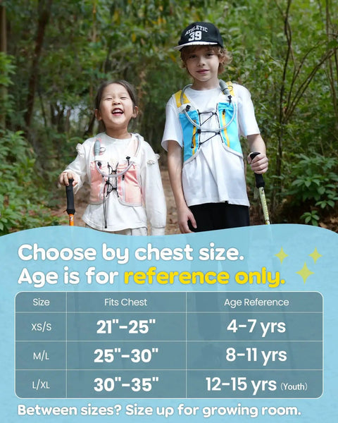 Kids wearing hydration backpack with 1L water bladder, reflective running vest with 8 pockets for boys and girls, pink XS S