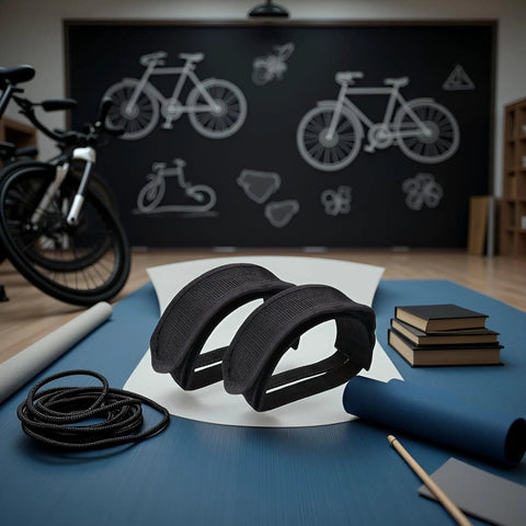 Two Pack Bike Pedal Straps Toe Clips For Kids And Adults Adjustable Nylon Foot Straps in black displayed on a table with bike sketches in background