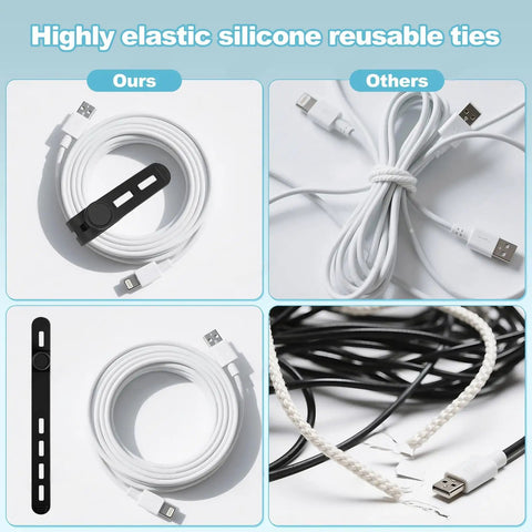 Comparison of reusable silicone cable ties cord organizer set for charger cables and traditional ties in a 15 pack