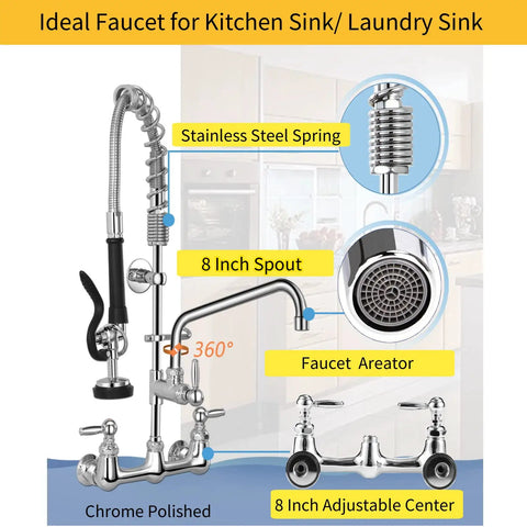 Commercial Sink Faucet With Sprayer And Pre Rinse Wall Mount 8 Inch Center featuring stainless steel spring and chrome finish
