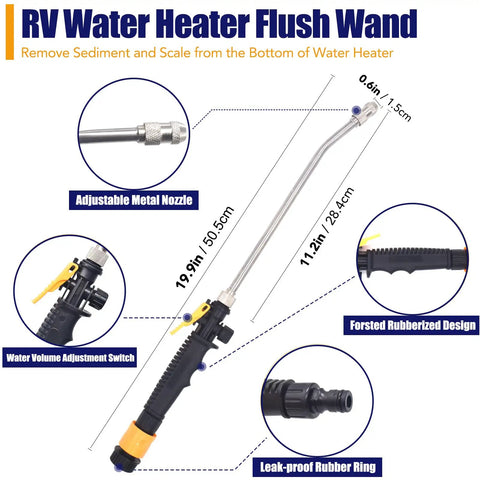 Rock Solid Rv Camper Rig Service Kit Featuring A Durable Mag Anode Rod And Flexible Flush Wand For Hot Water Tanks Paired With A Sturdy Hex Wrench For No Sweat Sediment Removal, showing the RV water heater flush wand with adjustable nozzle.