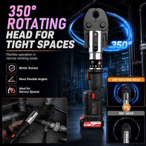 21V Pro Press Tool Kit With Automatic Pressure Control For Copper And PEX Pipes Ultra Fast 3S Crimping brushless motor with a 350° rotating head.