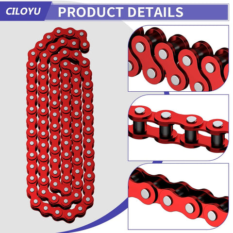 CILOYU red go-kart roller chain, 3 ft long, 95 links with master link; front and close-up link details.
