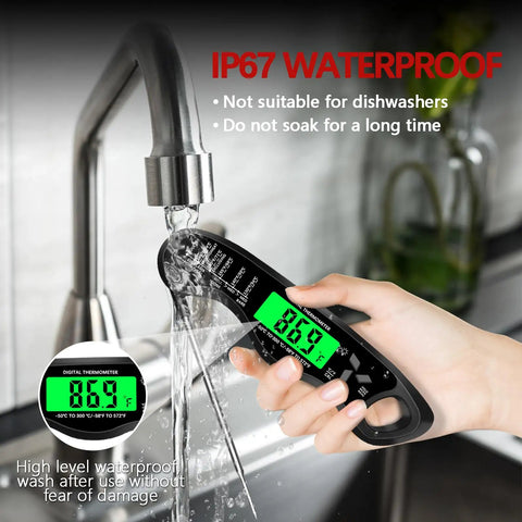 Digital Meat Thermometer With IP67 Waterproof, Backlit Display being washed under a faucet showing 86.9°F on display