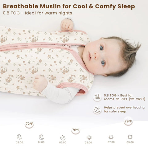 Baby in pink blossom Cozy Muslin Baby Sleep Sack 6 to 12 Months 0.8 TOG Two Pack Wearable Cotton Blanket With Two Way Zipper
