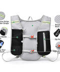Go To Hydration Backpack For Any Adventure Waterproof Outdoor Pack For Running Hiking Cycling Camping Trekking And More Adjustable Straps Reflective Safety Ultra Lightweight Comfortable Fit For Men And Women with mesh back panel, water bottle pouch, and zip pocket.