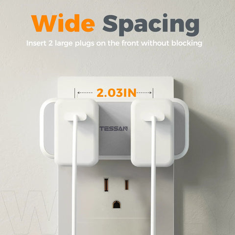 Compact 7 In 1 Wall Outlet Extender Converts One Socket To Four AC Outlets And Three USB Charging Ports image showing wide spacing for plugs.