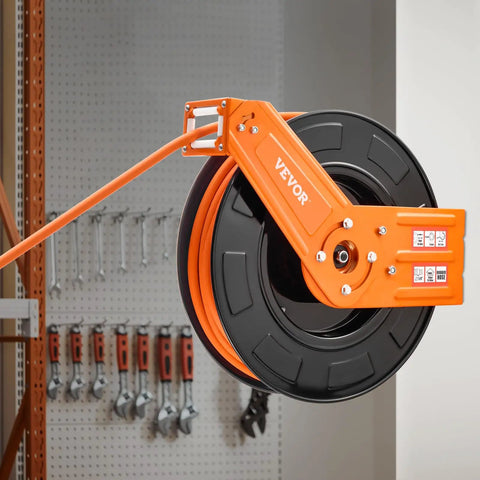 Retractable Air Hose Reel With 100 Foot Rubber Hose Three Eighths Inch 300 Psi Max Auto Rewind Five Foot Lead In Ceiling Mount